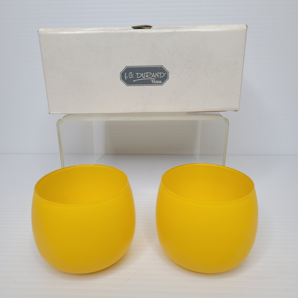 JG Durand France Votive Candle Holders Set 2 Yellow Glass 1995 Vintage New w Box